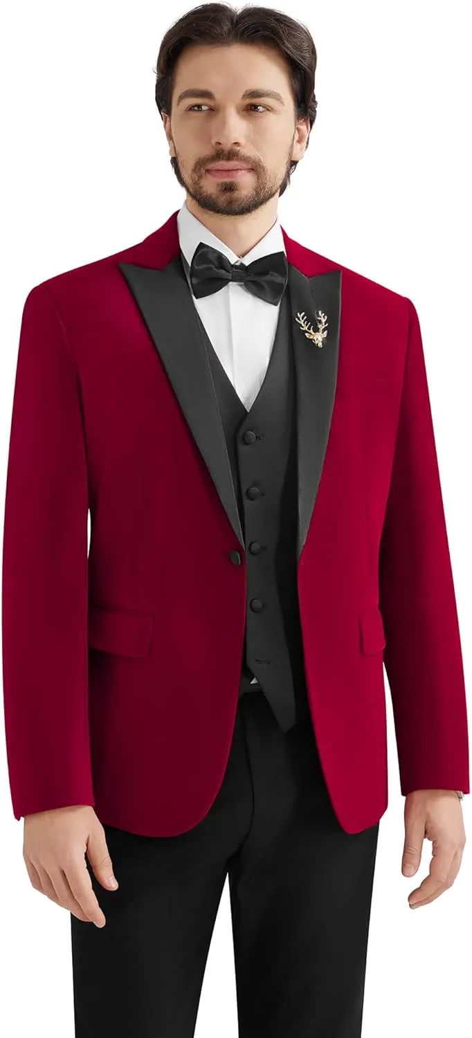 MAGE MALE Mens Velvet Suits Slim Fit Peak Lapel Tuxedo 3 Piece One Button Prom Party Banquet Blazer Vest Pants Set