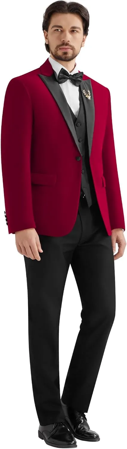 MAGE MALE Mens Velvet Suits Slim Fit Peak Lapel Tuxedo 3 Piece One Button Prom Party Banquet Blazer Vest Pants Set