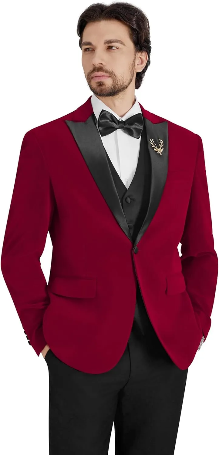 MAGE MALE Mens Velvet Suits Slim Fit Peak Lapel Tuxedo 3 Piece One Button Prom Party Banquet Blazer Vest Pants Set