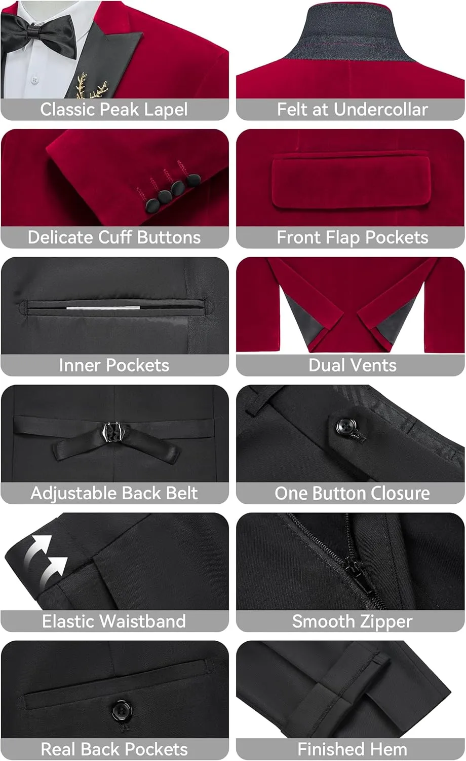 MAGE MALE Mens Velvet Suits Slim Fit Peak Lapel Tuxedo 3 Piece One Button Prom Party Banquet Blazer Vest Pants Set
