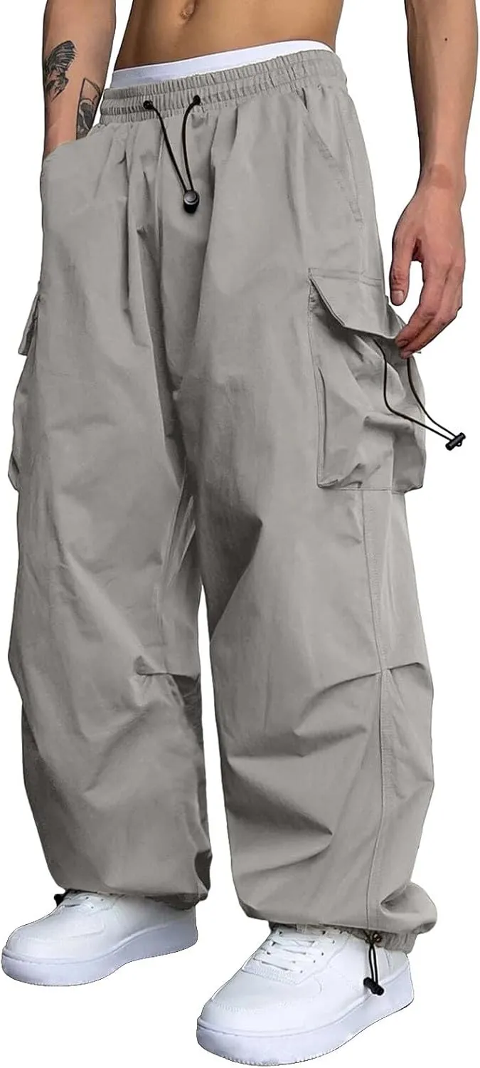 Men's Baggy Cargo Pants Trendy Casual Parachute Pants Drawstring Loose Fit Sweatpants Multi Pockets