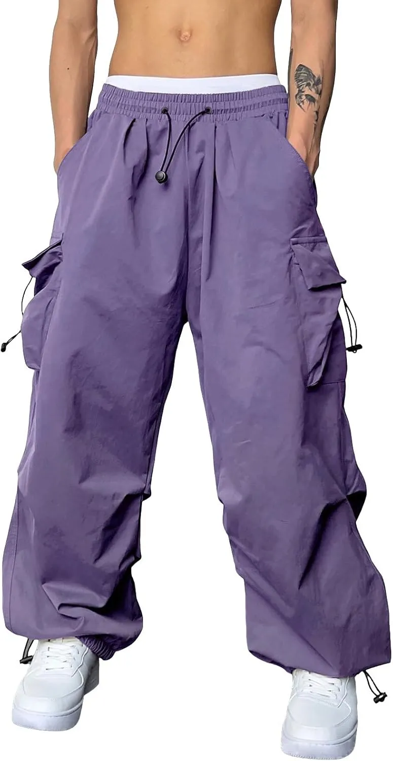 Men's Baggy Cargo Pants Trendy Casual Parachute Pants Drawstring Loose Fit Sweatpants Multi Pockets