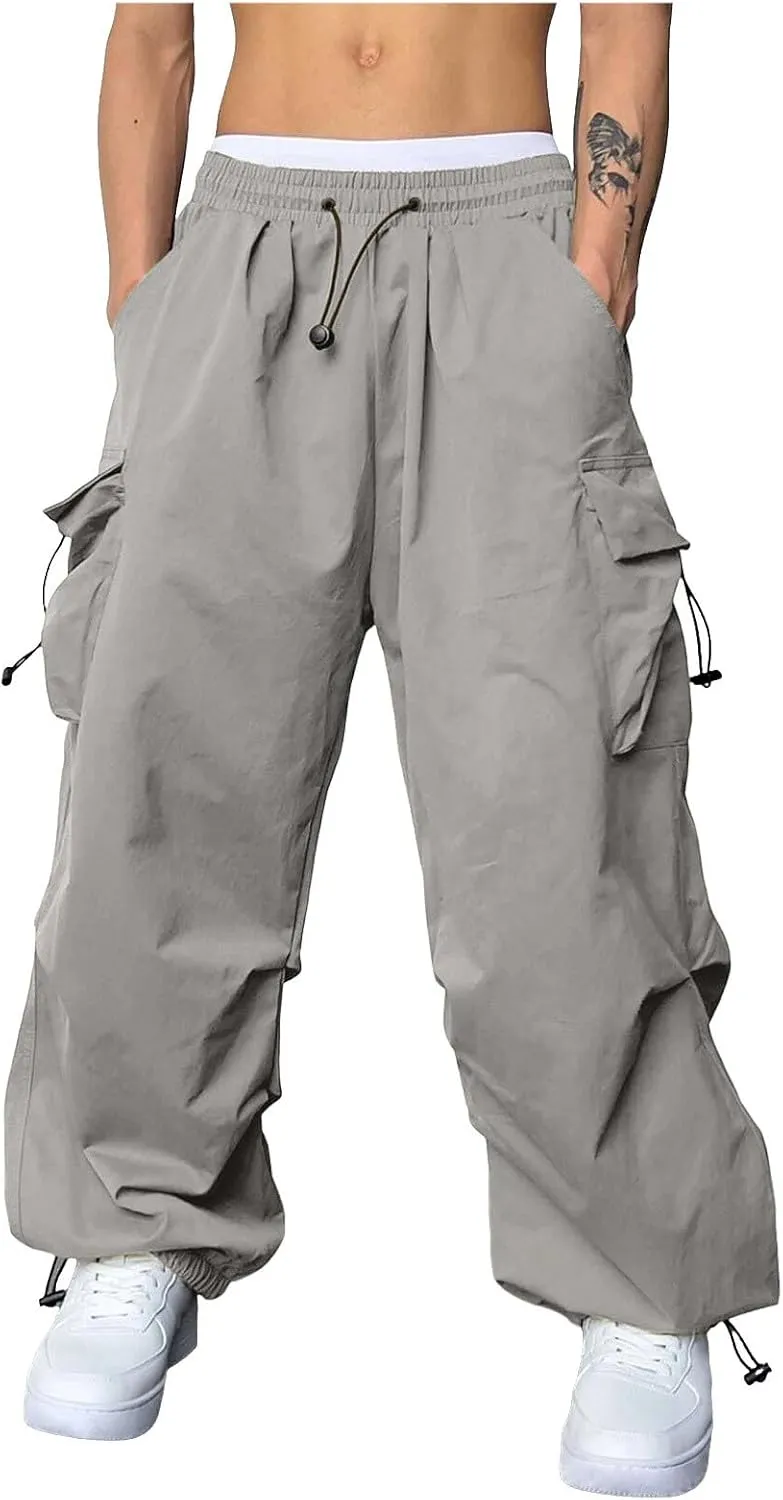 Men's Baggy Cargo Pants Trendy Casual Parachute Pants Drawstring Loose Fit Sweatpants Multi Pockets