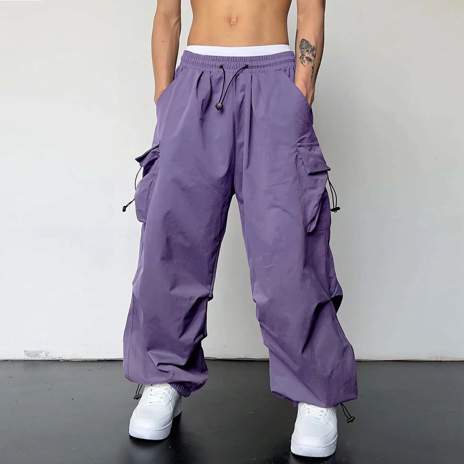Men's Baggy Cargo Pants Trendy Casual Parachute Pants Drawstring Loose Fit Sweatpants Multi Pockets