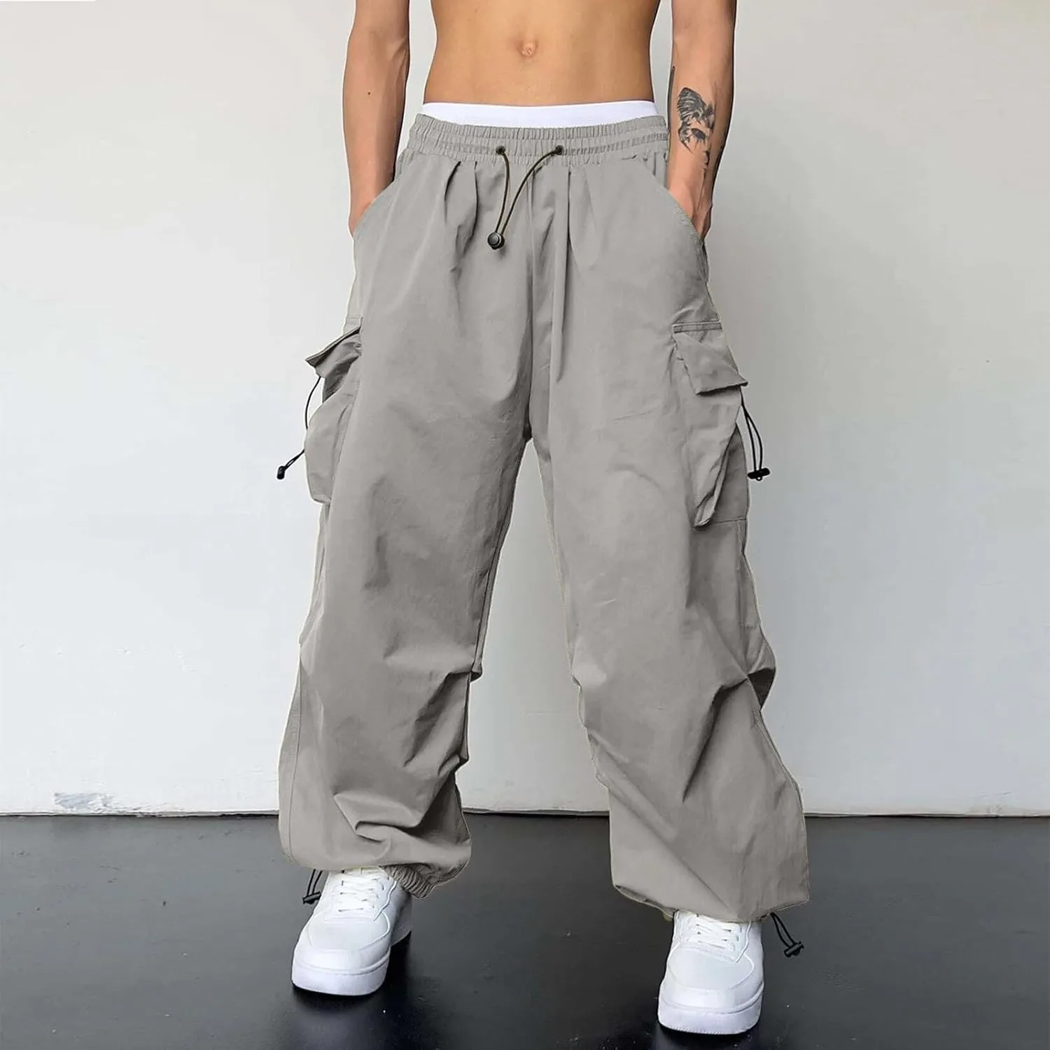 Men's Baggy Cargo Pants Trendy Casual Parachute Pants Drawstring Loose Fit Sweatpants Multi Pockets