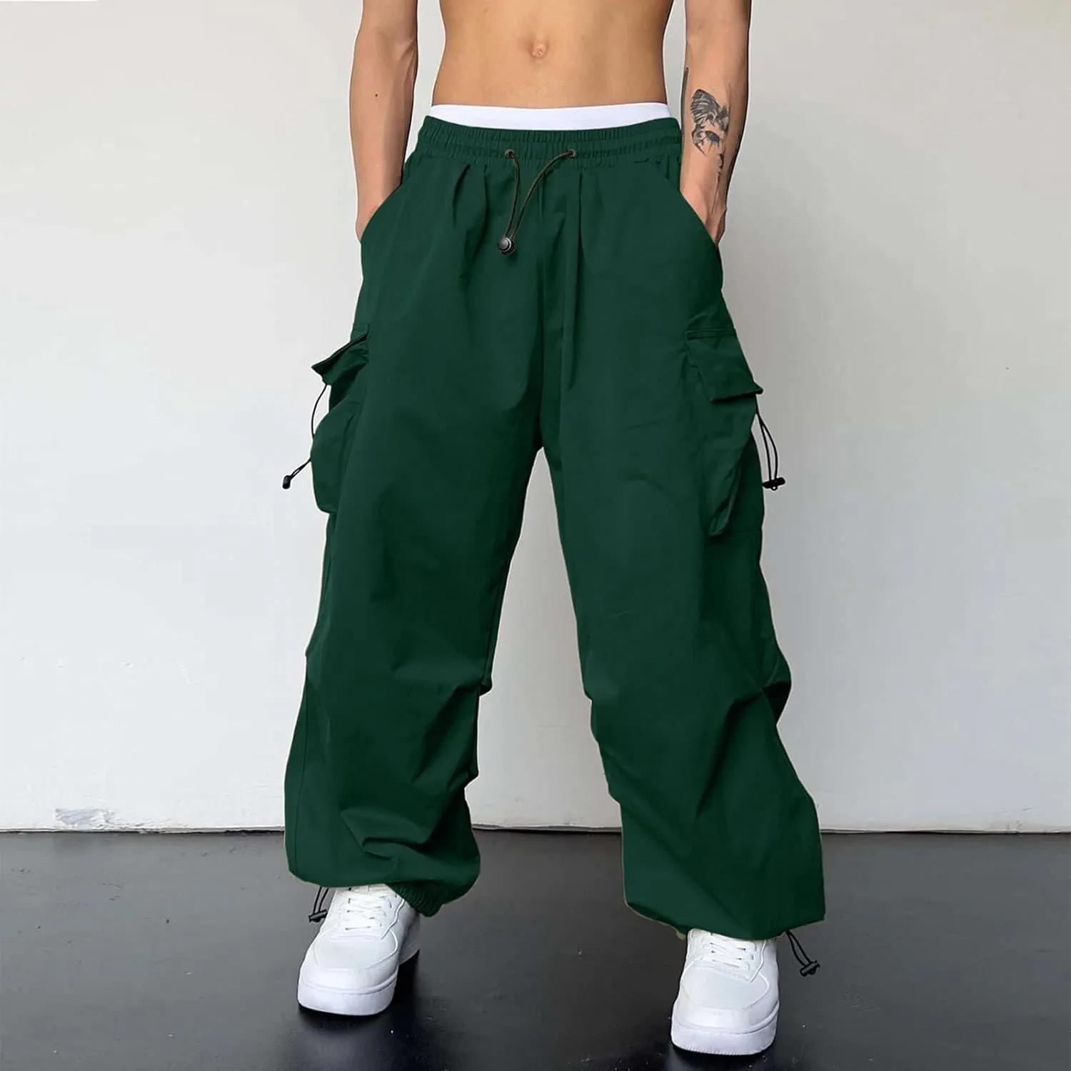 Men's Cargo Pants Casual Wide Leg Drawstring Waist Pant Hiking Pant with Multiple Pockets