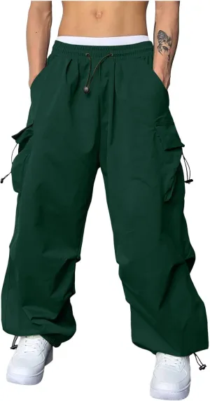 Men's Cargo Pants Casual Wide Leg Drawstring Waist Pant Hiking Pant with Multiple Pockets