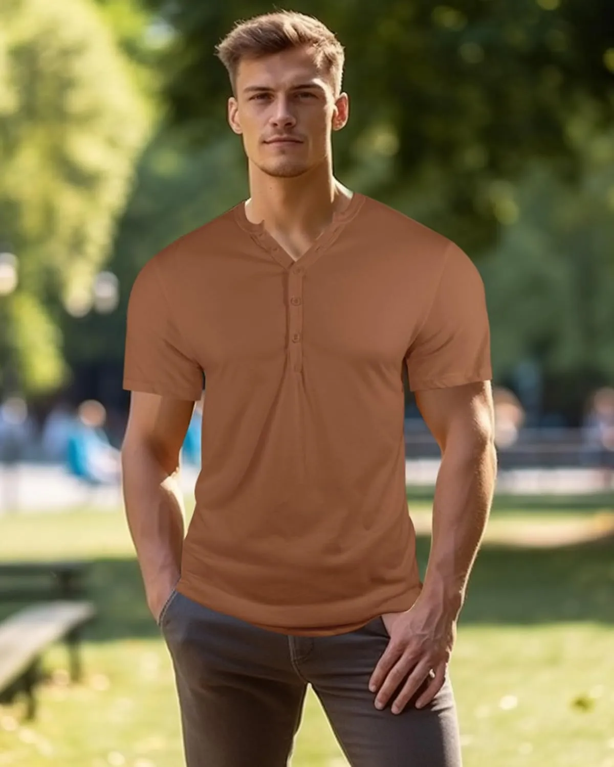 Mens Henley T-Shirts Slim Fit Shirts Casual Front Placket Short Sleeve T-Shirts Fashion
