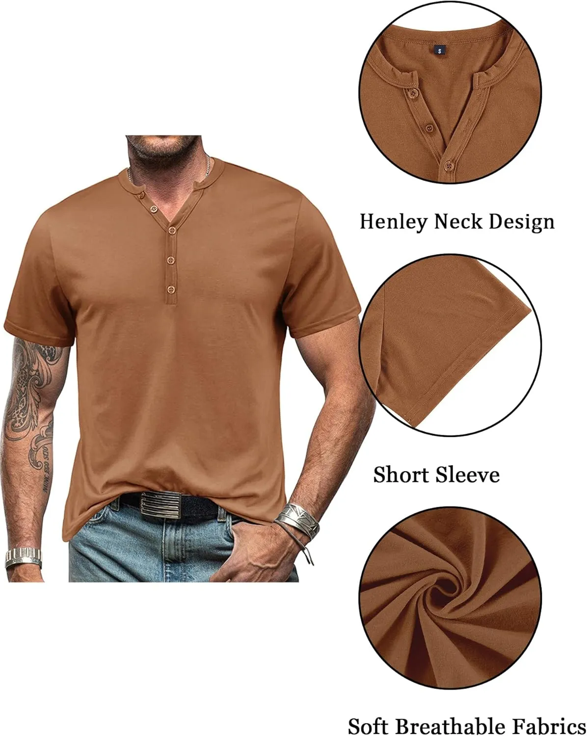 Mens Henley T-Shirts Slim Fit Shirts Casual Front Placket Short Sleeve T-Shirts Fashion