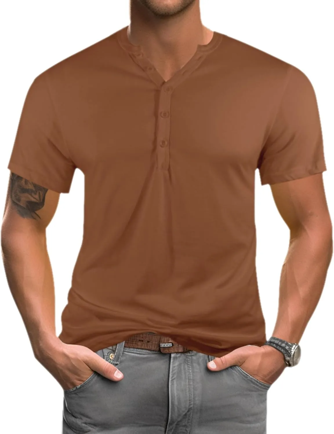 Mens Henley T-Shirts Slim Fit Shirts Casual Front Placket Short Sleeve T-Shirts Fashion