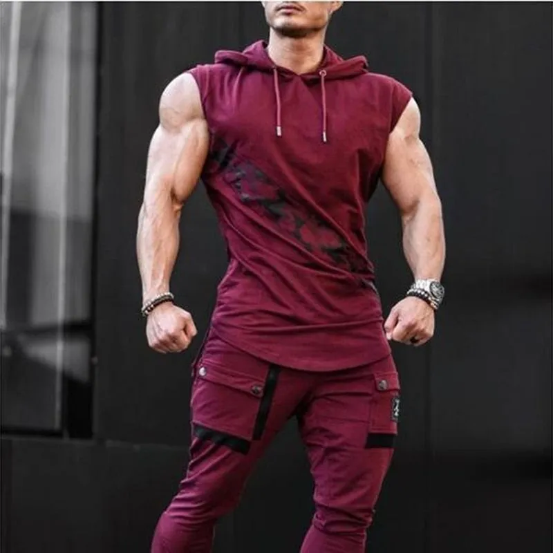 Men's High Elasticity Fitness Vest Bodybuilding Stringer Tank Top Muscle Sleeveless Hoodie Top