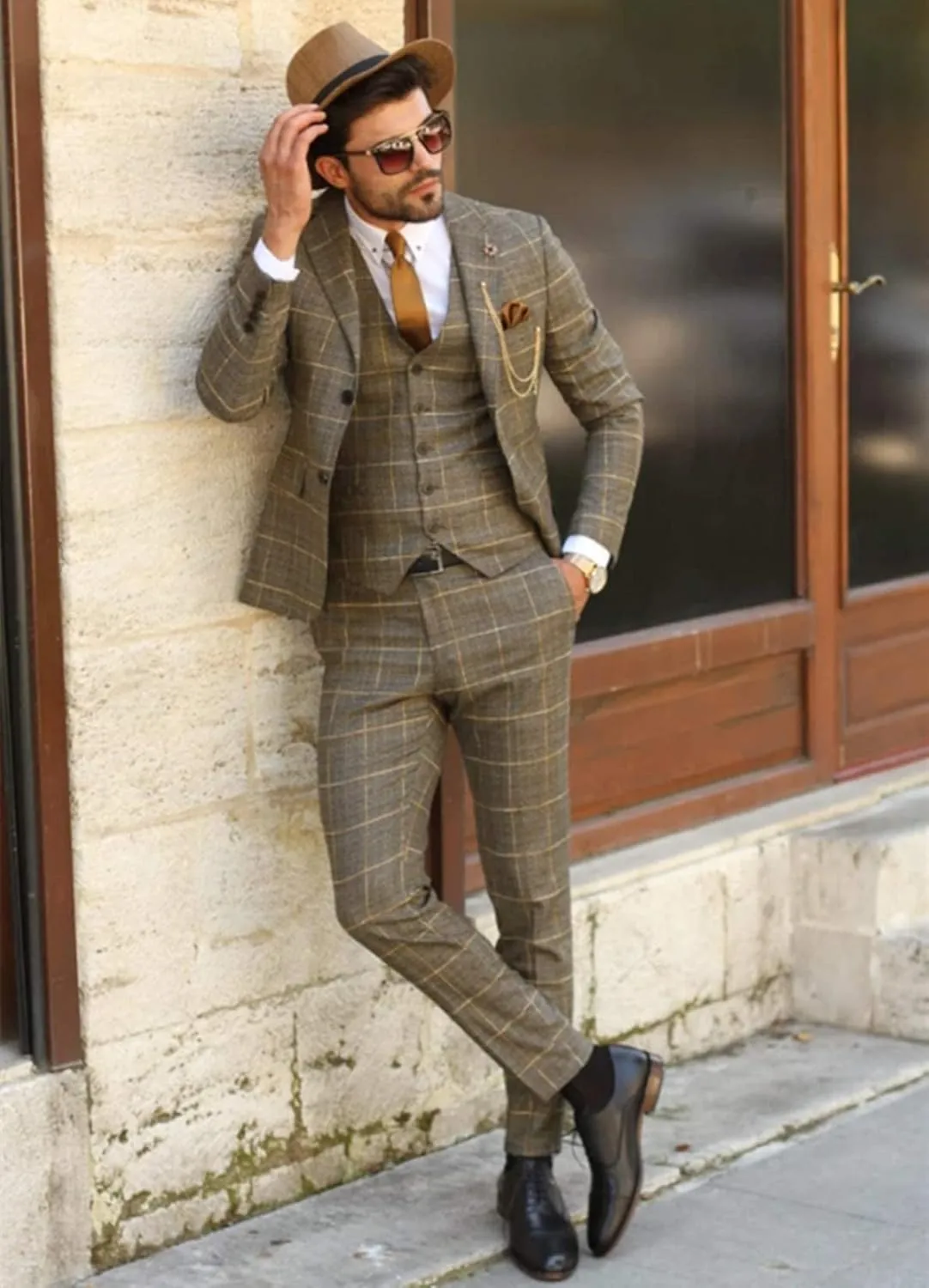 Men's Houndstooth Three-Piece Tuxedos Notch Lapel Two Buttons Suit Jacket Vest & Pants Formal Dinner Prom Business