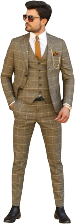 Men's Houndstooth Three-Piece Tuxedos Notch Lapel Two Buttons Suit Jacket Vest & Pants Formal Dinner Prom Business