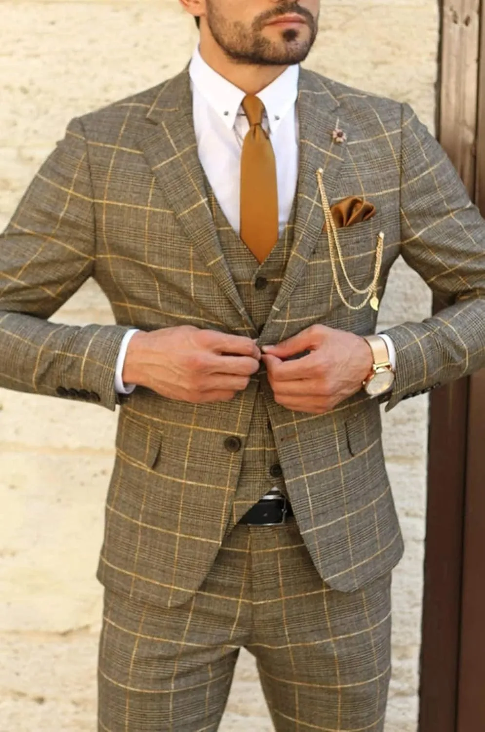 Men's Houndstooth Three-Piece Tuxedos Notch Lapel Two Buttons Suit Jacket Vest & Pants Formal Dinner Prom Business