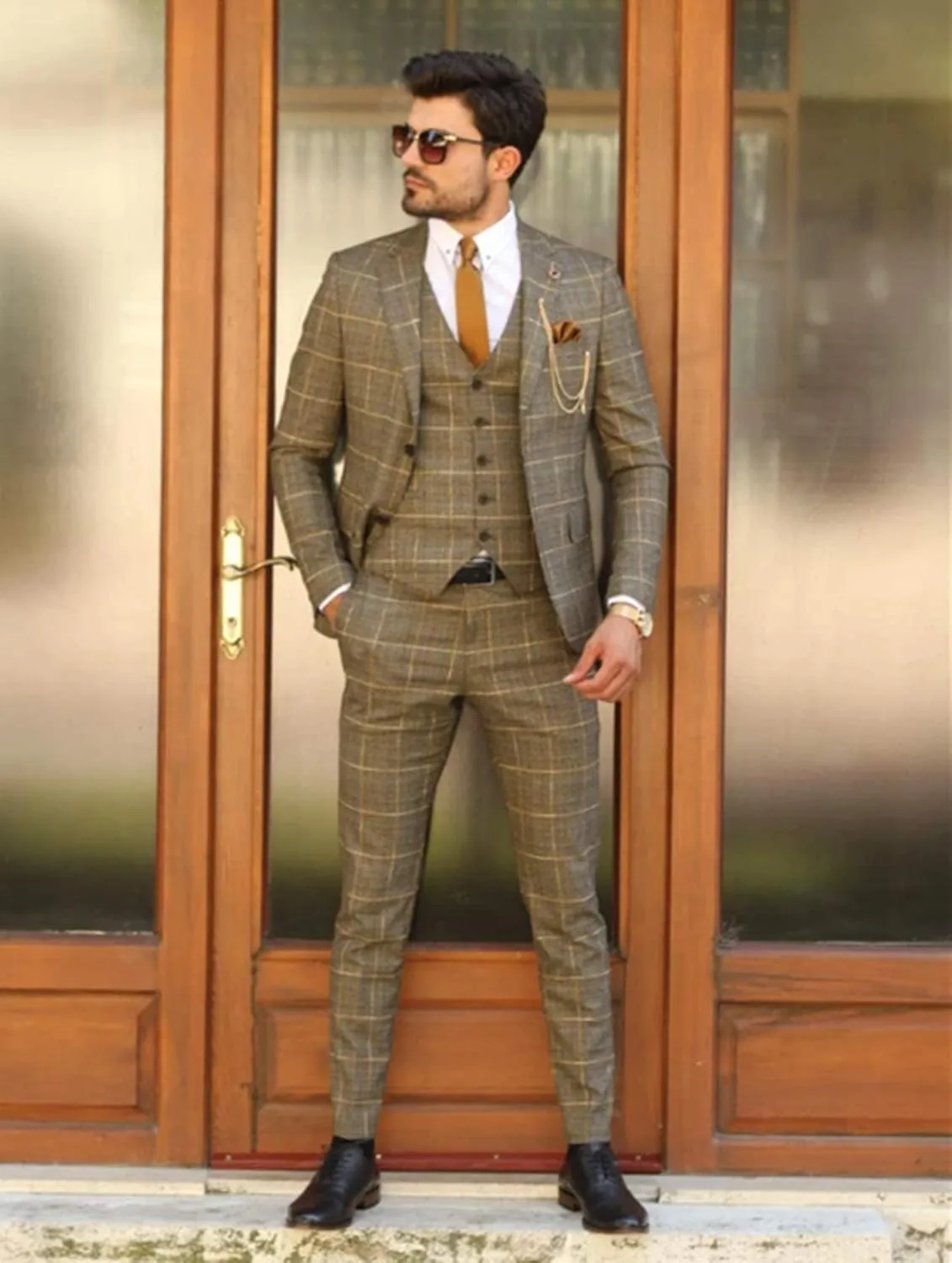 Men's Houndstooth Three-Piece Tuxedos Notch Lapel Two Buttons Suit Jacket Vest & Pants Formal Dinner Prom Business