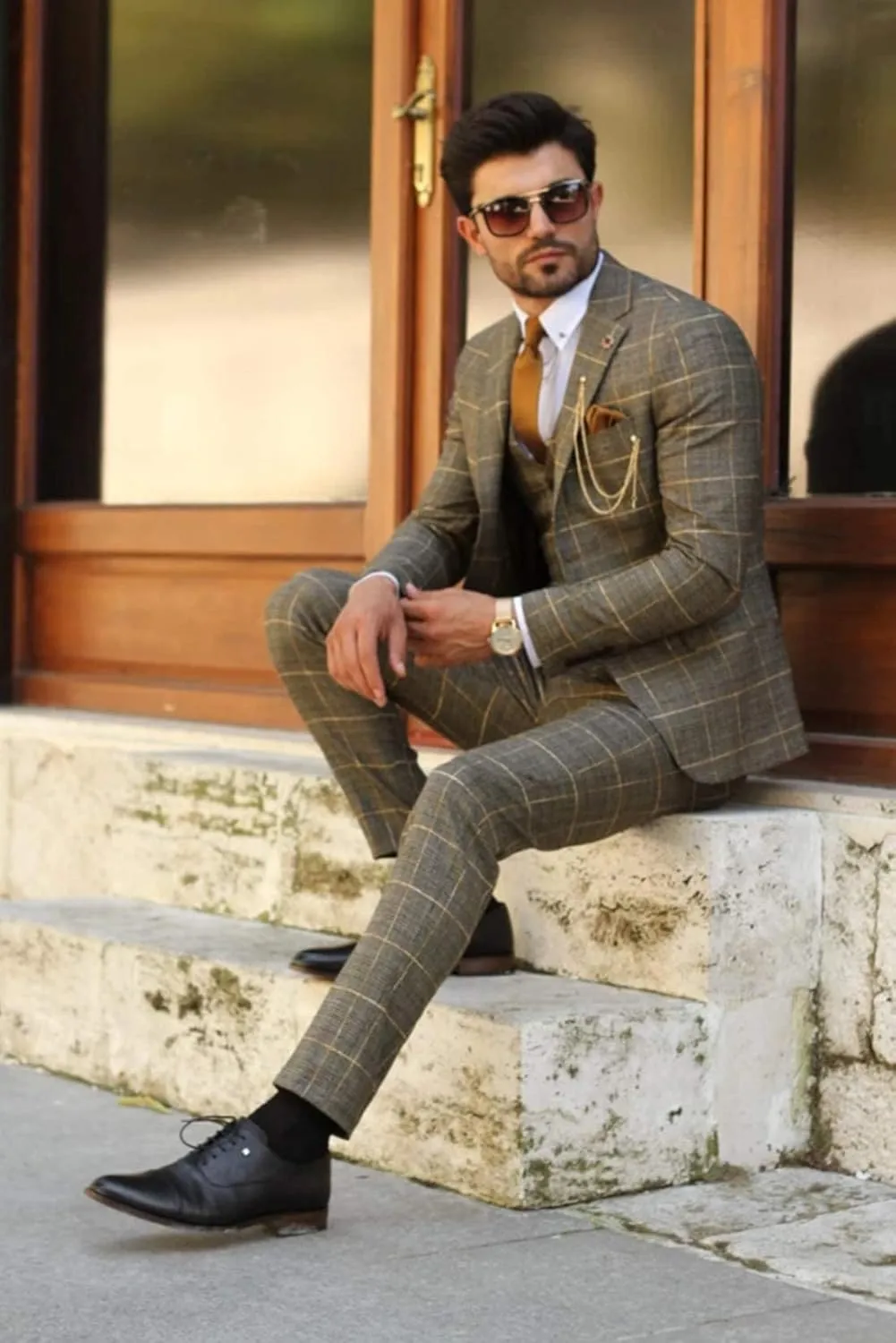 Men's Houndstooth Three-Piece Tuxedos Notch Lapel Two Buttons Suit Jacket Vest & Pants Formal Dinner Prom Business