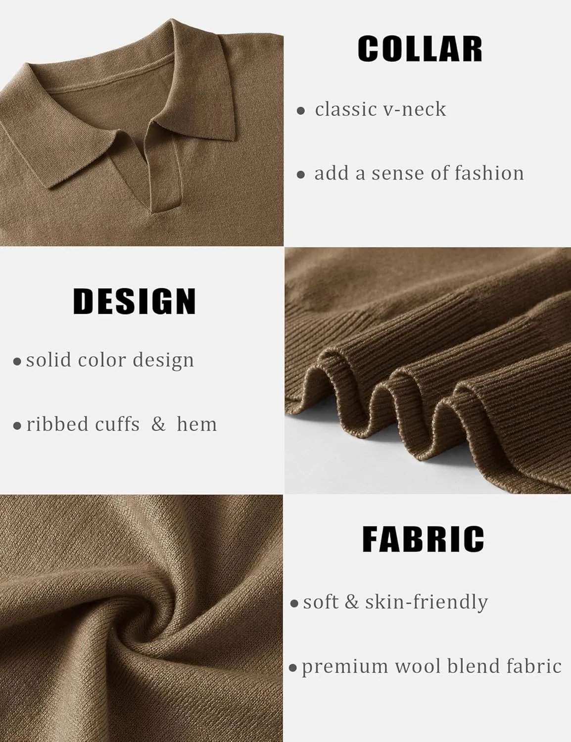 Mens Knit Polo Shirts Casual V Neck Slim Fit Polo Shirts Long Sleeve Wool Knit Pullover Sweater