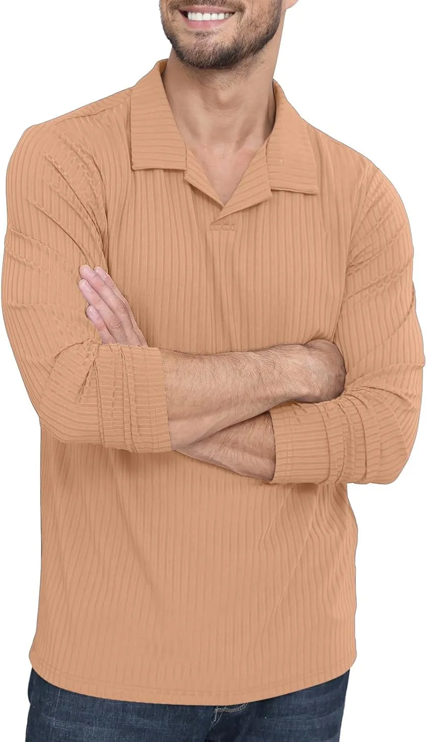 Men's Knit Polo Shirts Casual V Neck T-Shirts Stylish Golf Polo Shirts Ribbed Soft Tee