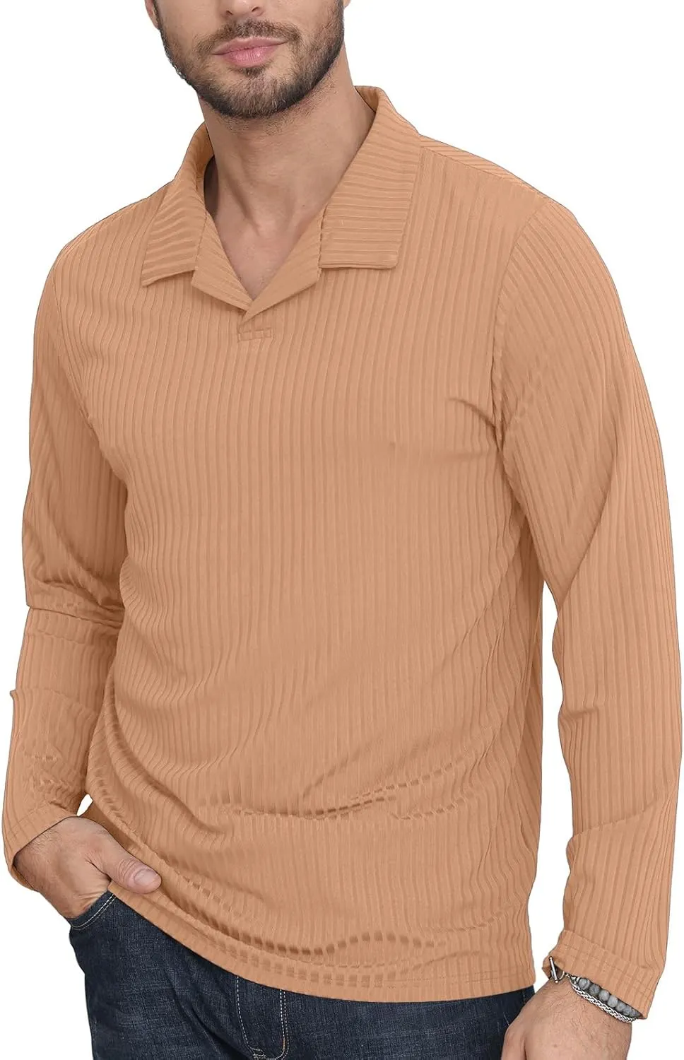 Men's Knit Polo Shirts Casual V Neck T-Shirts Stylish Golf Polo Shirts Ribbed Soft Tee