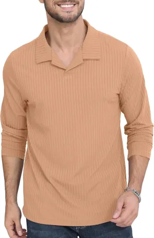 Men's Knit Polo Shirts Casual V Neck T-Shirts Stylish Golf Polo Shirts Ribbed Soft Tee