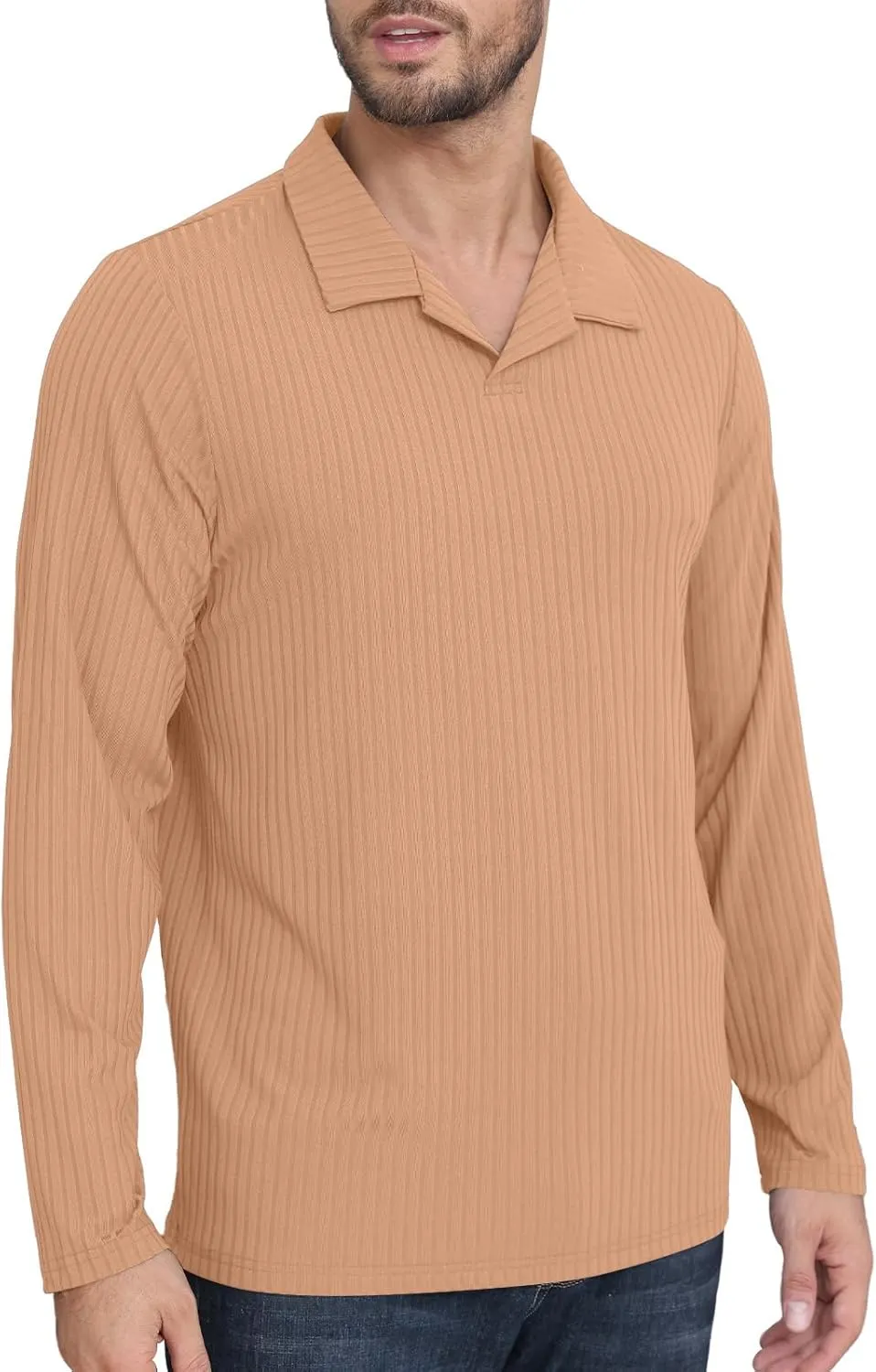 Men's Knit Polo Shirts Casual V Neck T-Shirts Stylish Golf Polo Shirts Ribbed Soft Tee