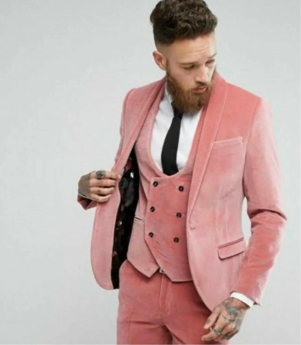 Men's Pink Velvet Three Pieces Suit Shawl Lapel One Button Jacket Vest & Pants Formal Wedding Casual Tuxedos