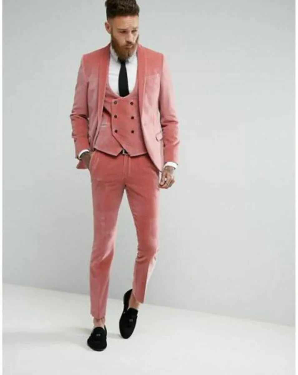 Men's Pink Velvet Three Pieces Suit Shawl Lapel One Button Jacket Vest & Pants Formal Wedding Casual Tuxedos