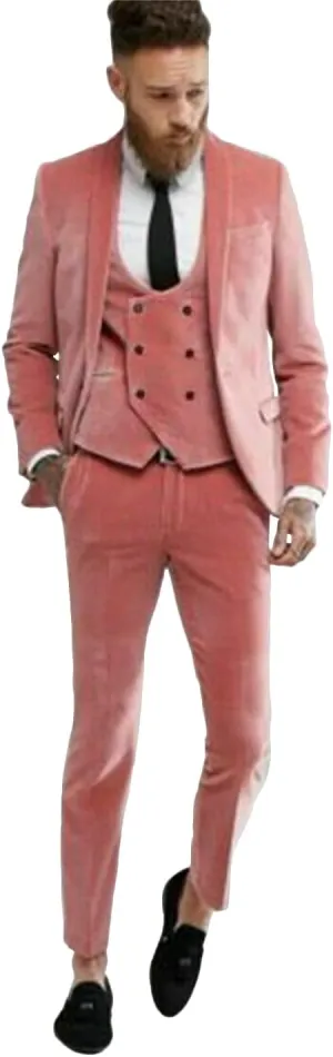 Men's Pink Velvet Three Pieces Suit Shawl Lapel One Button Jacket Vest & Pants Formal Wedding Casual Tuxedos