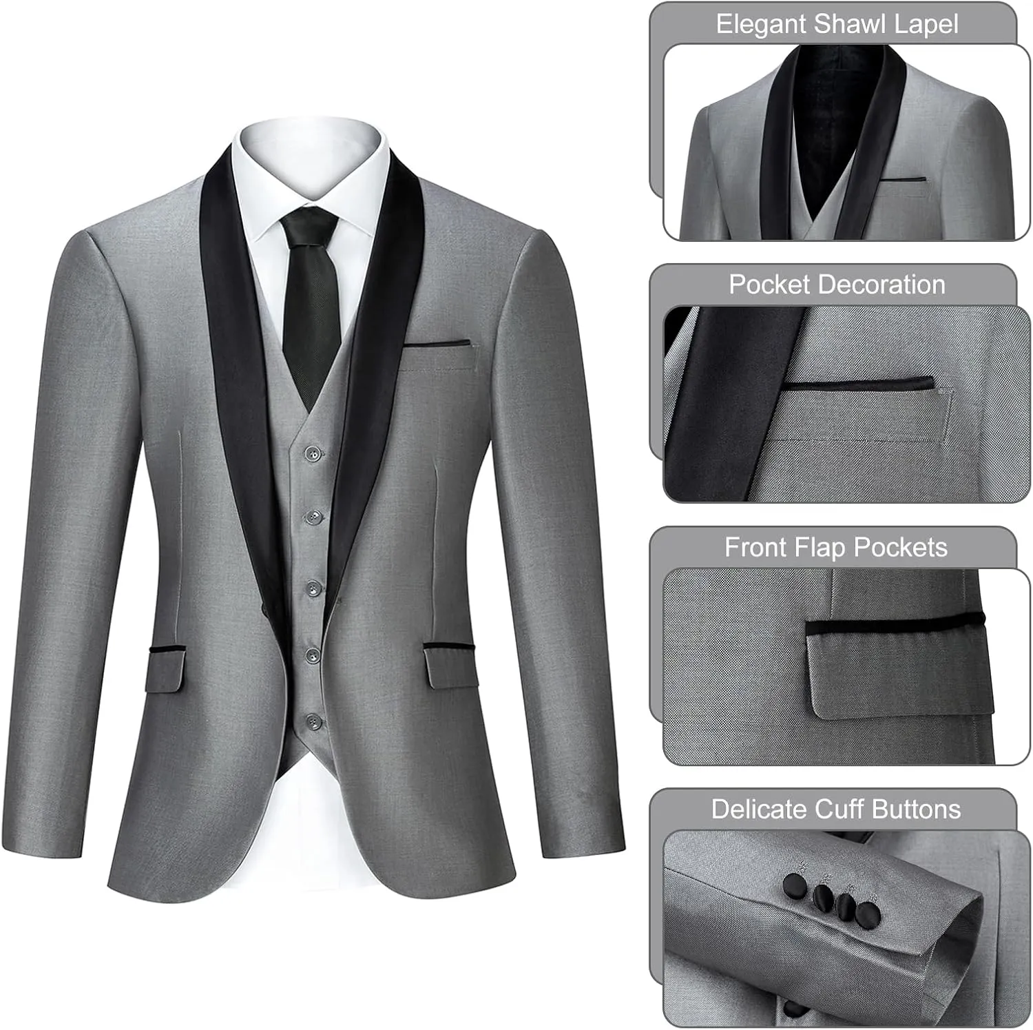 Men's Suit 3 Piece Slim Fit Suit, One Button Fine Glitter Shawl Lapel Blazer Jacket Vest Pants for Party & Wedding