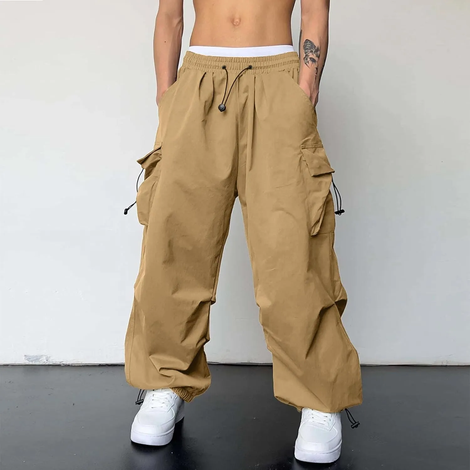 Mens Work Cargo Pant Cotton Stretchy Casual Joggers Drawstring Elastic Waist Outdoor Pants Multi Pockets