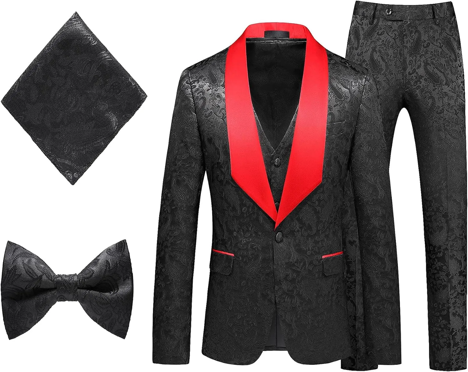 MOGU Mens 3 Piece Tuxedo Slim Fit Jacquard Floral Vintage Groomsmen Wedding Prom Suit