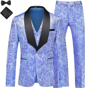 MOGU Mens 3 Piece Tuxedo Slim Fit Jacquard Floral Vintage Groomsmen Wedding Prom Suit