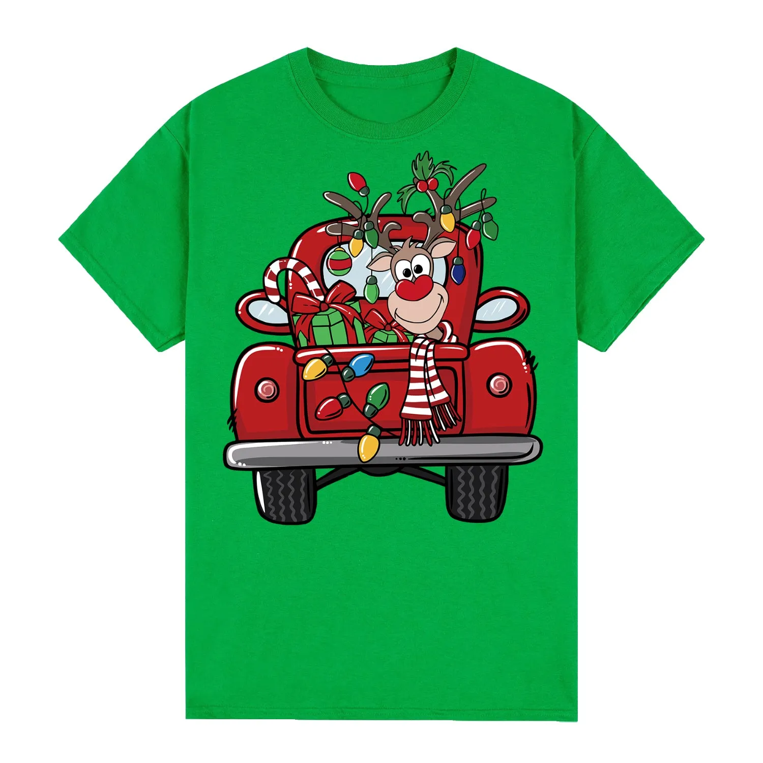 NNEDSZ 100% Cotton Christmas T-shirt Adult Unisex Tee Tops Funny Santa Party Custume, Car with Reindeer (Green), 2XL