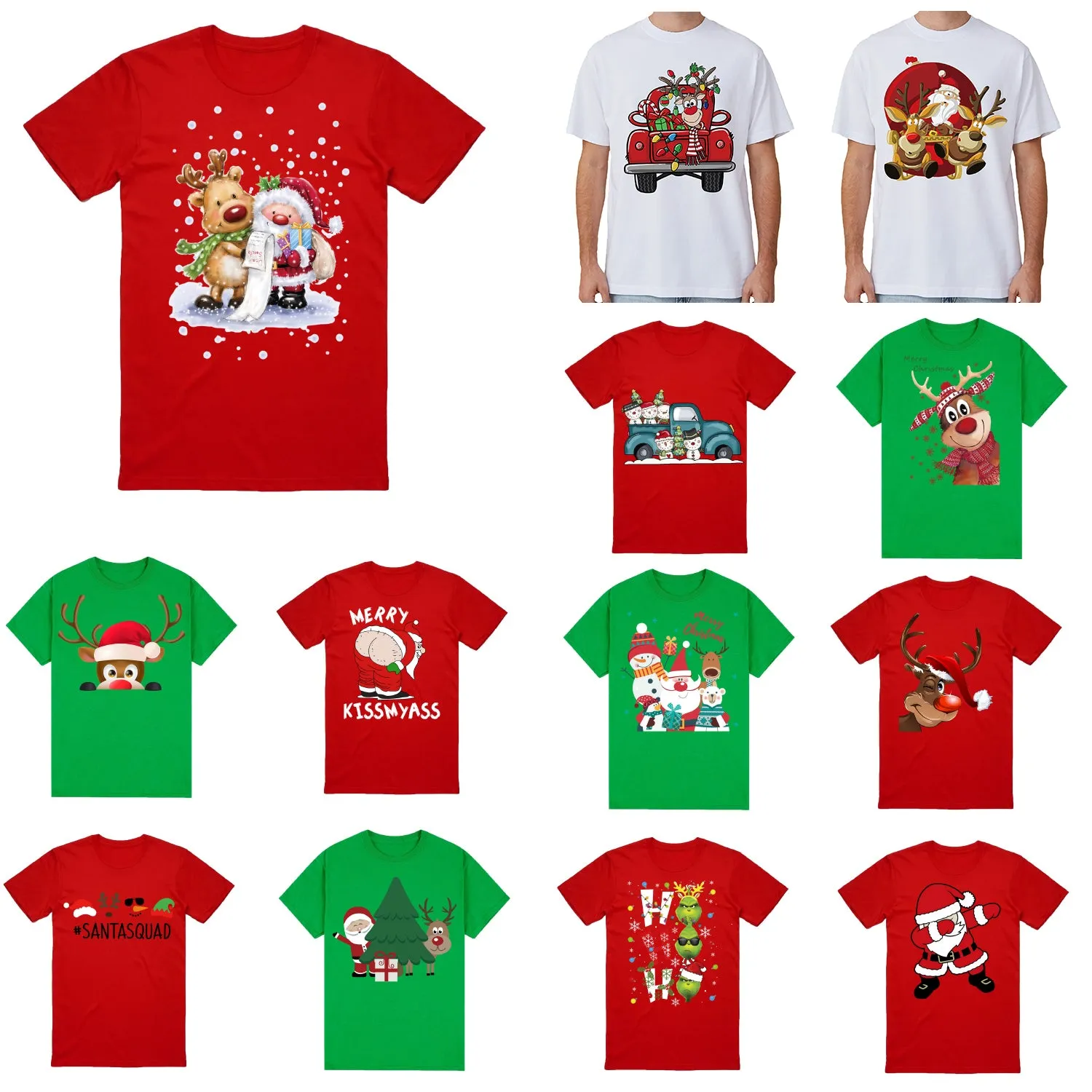 NNEDSZ 100% Cotton Christmas T-shirt Adult Unisex Tee Tops Funny Santa Party Custume, Car with Reindeer (White), XL