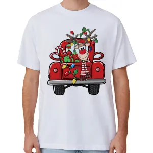 NNEDSZ 100% Cotton Christmas T-shirt Adult Unisex Tee Tops Funny Santa Party Custume, Car with Reindeer (White), XL