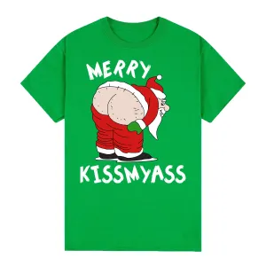 NNEDSZ 100% Cotton Christmas T-shirt Adult Unisex Tee Tops Funny Santa Party Custume, Merry Kissmyass (Green), M