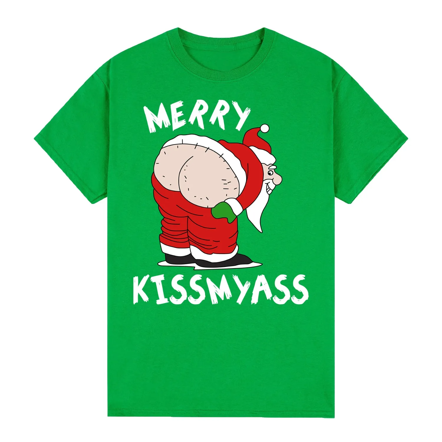 NNEDSZ 100% Cotton Christmas T-shirt Adult Unisex Tee Tops Funny Santa Party Custume, Merry Kissmyass (Green), M