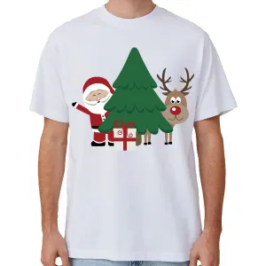 NNEDSZ 100% Cotton Christmas T-shirt Adult Unisex Tee Tops Funny Santa Party Custume, Santa with Tree (White), 2XL