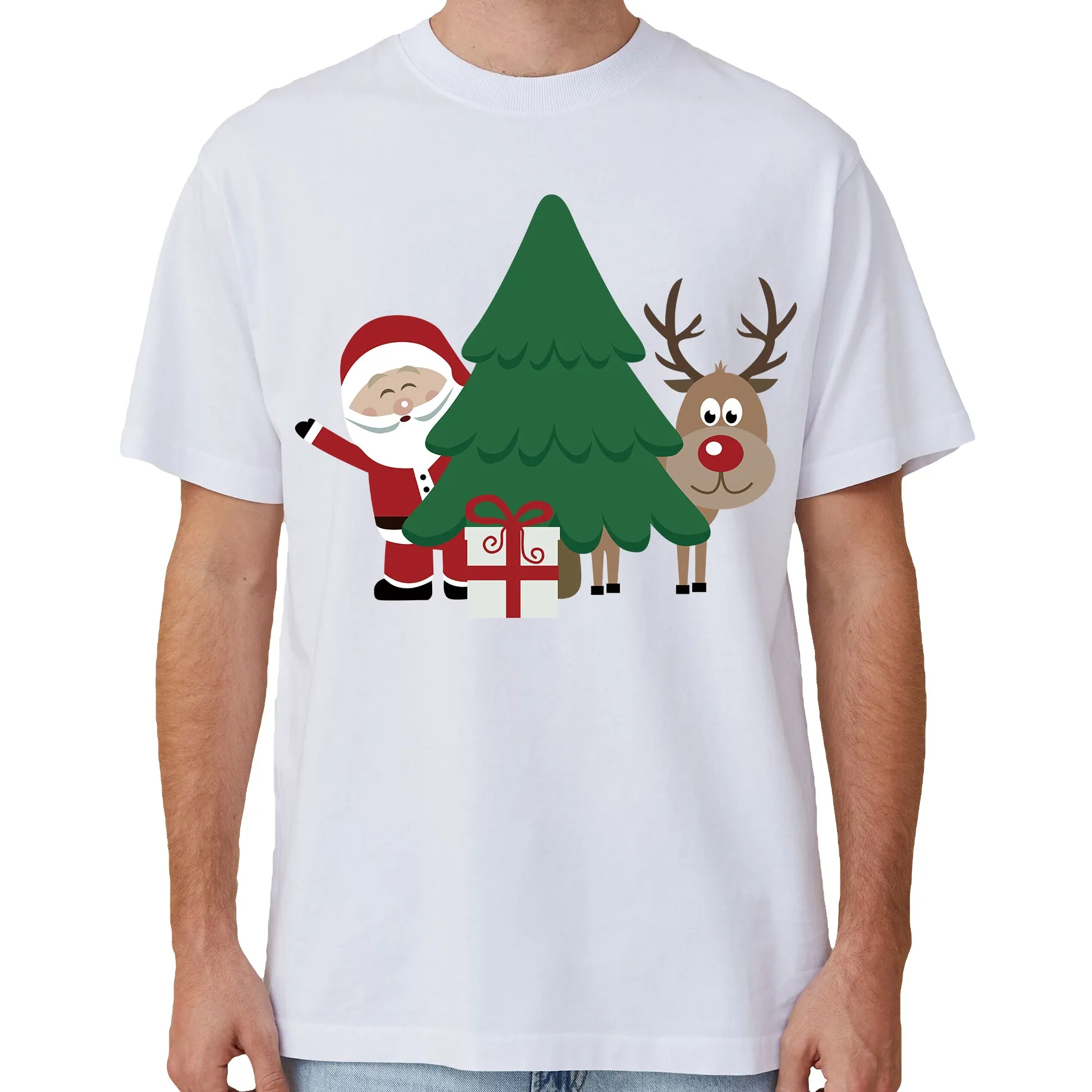 NNEDSZ 100% Cotton Christmas T-shirt Adult Unisex Tee Tops Funny Santa Party Custume, Santa with Tree (White), 2XL