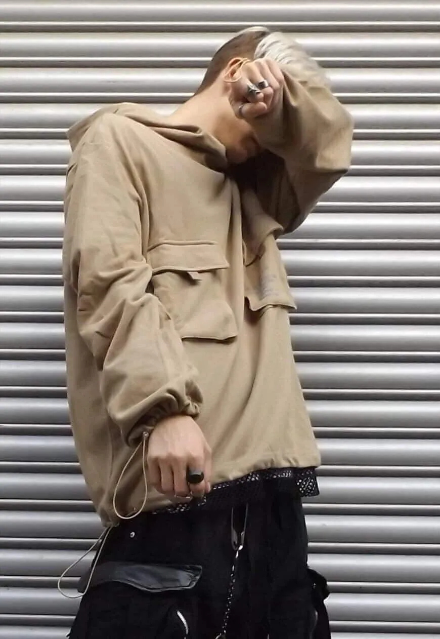Oversize cargo pocket jumper high neck slogan hoodie cream