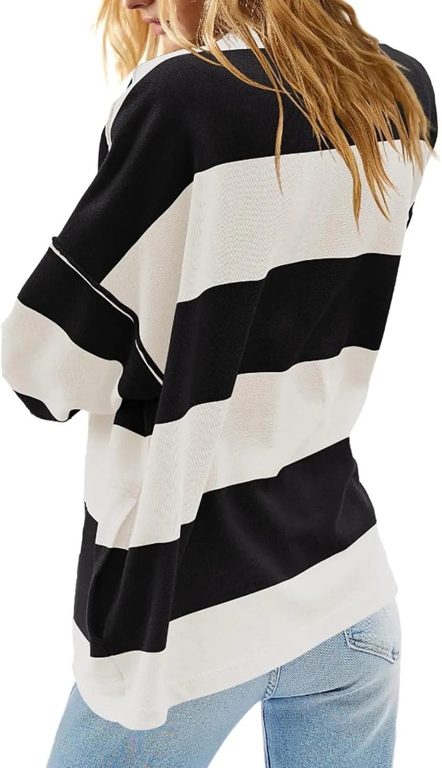 Oversized Half Zip Pullover Women Baggy Drop Shoulder Striped Sweatshirts Trendy Y2K Sweatshirt Fall Outfits w/Pocket
