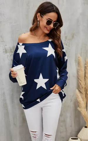 Oversized Star Print Top In Navy