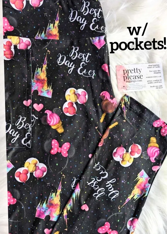 Pink Best Day Ever Super SOFT Leggings Disney Mickey Magic Kingdom OS Plus rts