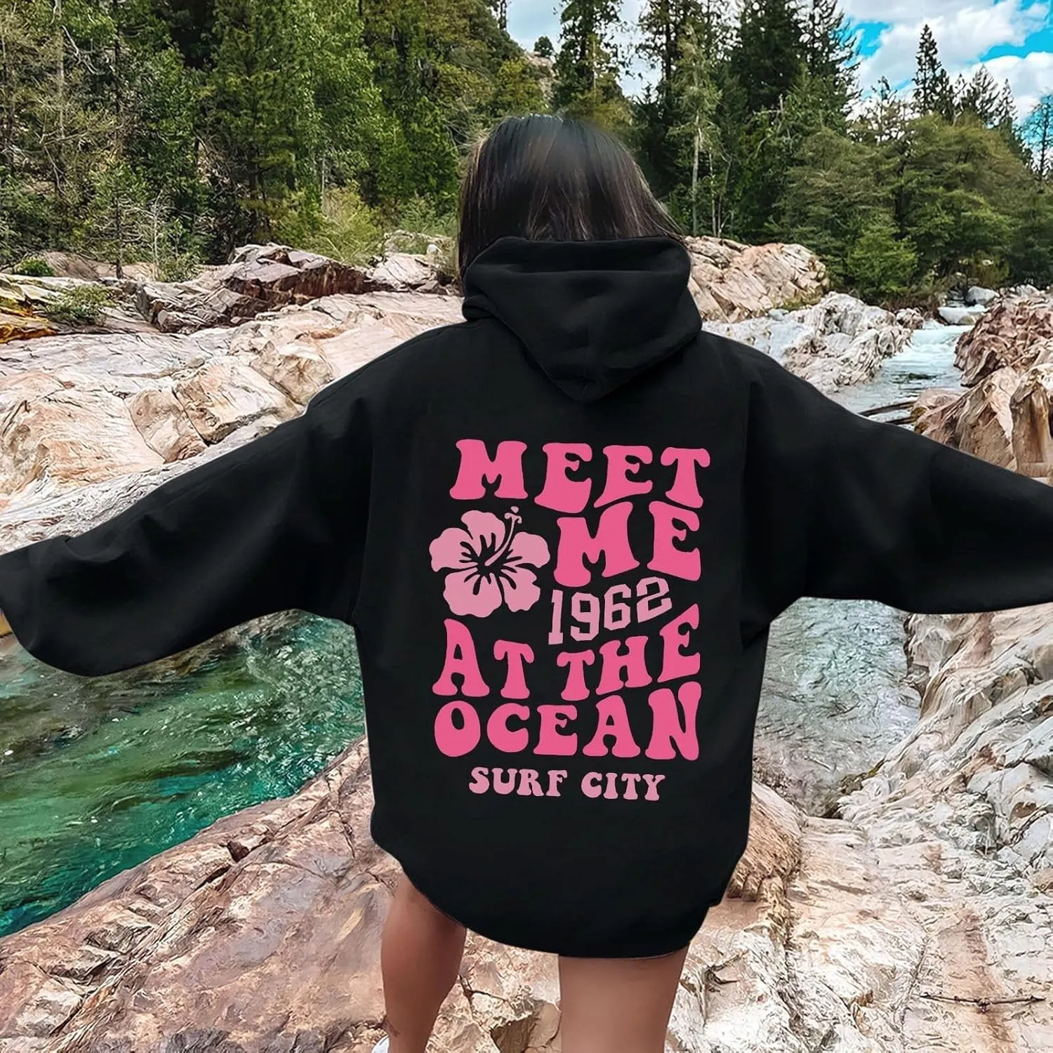 Pink Hoodies for Women Oversized Comfort Shirts Pink Palm Puff Hoodie Long Sleeve Fall Outfits 2024 Clothes Sweatshirt