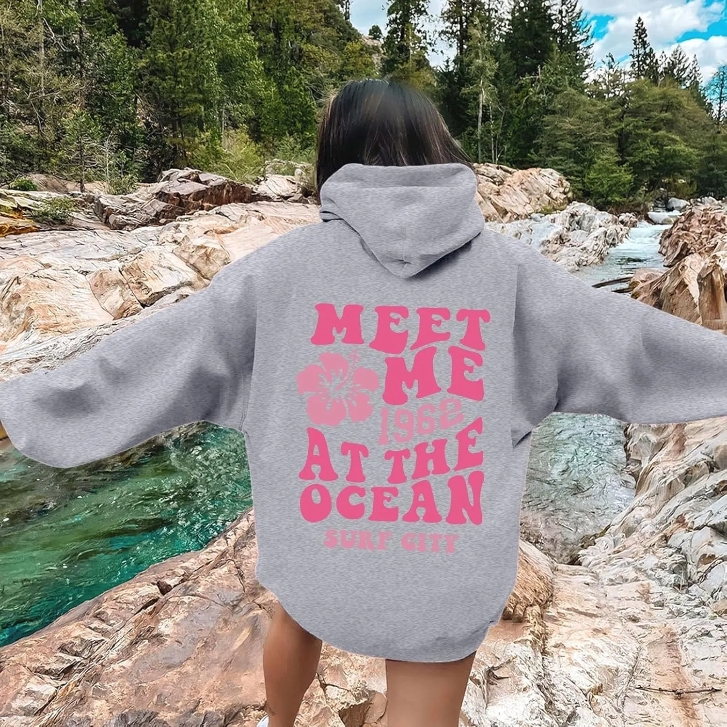 Pink Hoodies for Women Oversized Comfort Shirts Pink Palm Puff Hoodie Long Sleeve Fall Outfits 2024 Clothes Sweatshirt