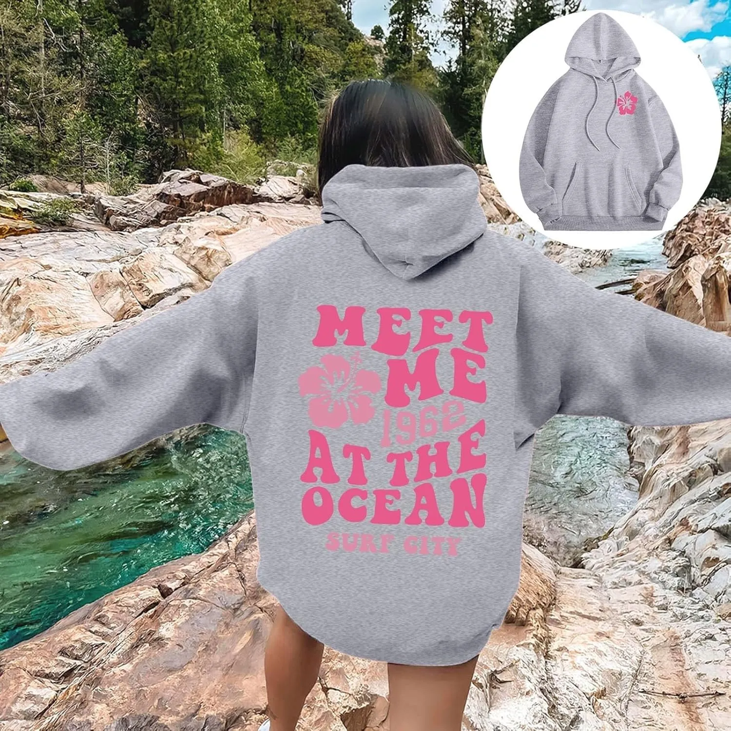 Pink Hoodies for Women Oversized Comfort Shirts Pink Palm Puff Hoodie Long Sleeve Fall Outfits 2024 Clothes Sweatshirt