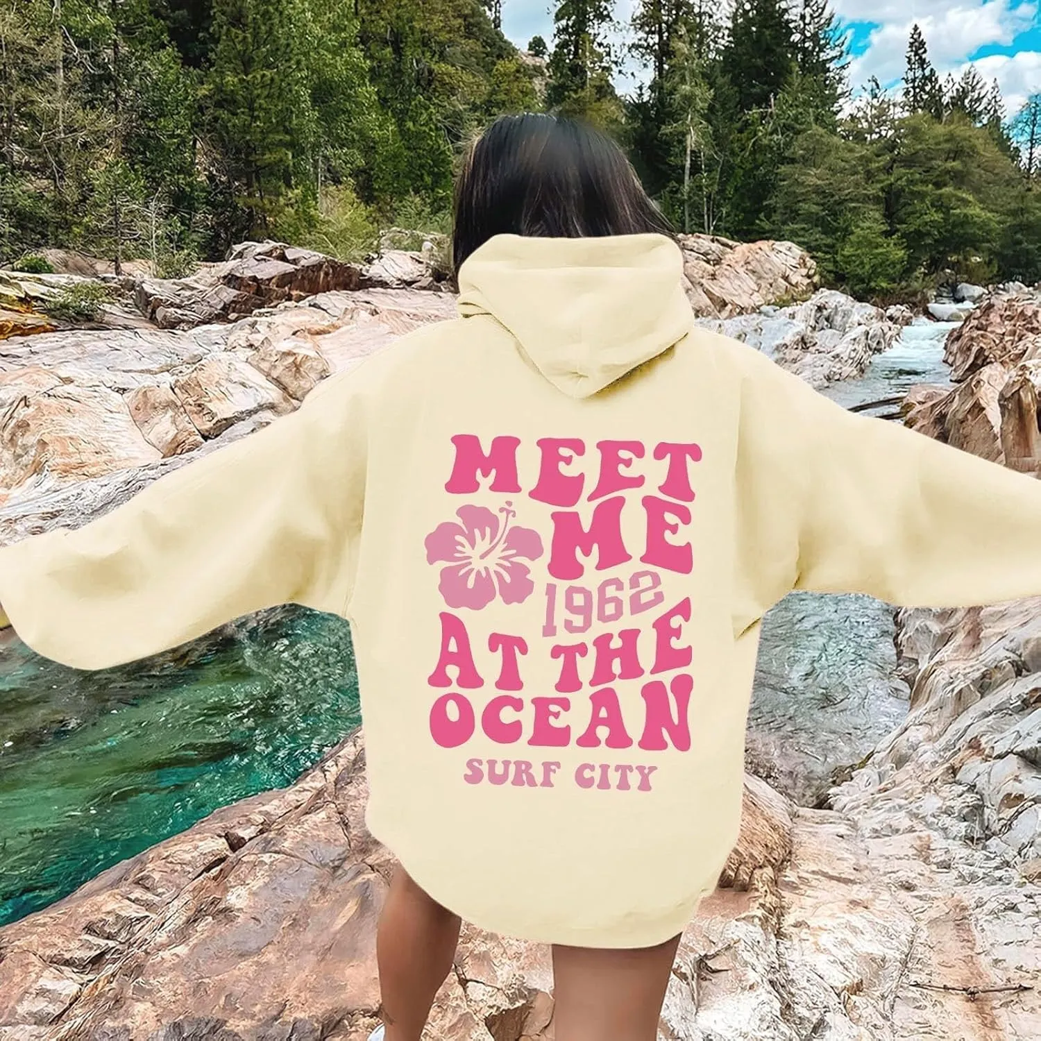 Pink Hoodies for Women Oversized Comfort Shirts Pink Palm Puff Hoodie Long Sleeve Fall Outfits 2024 Clothes Sweatshirt