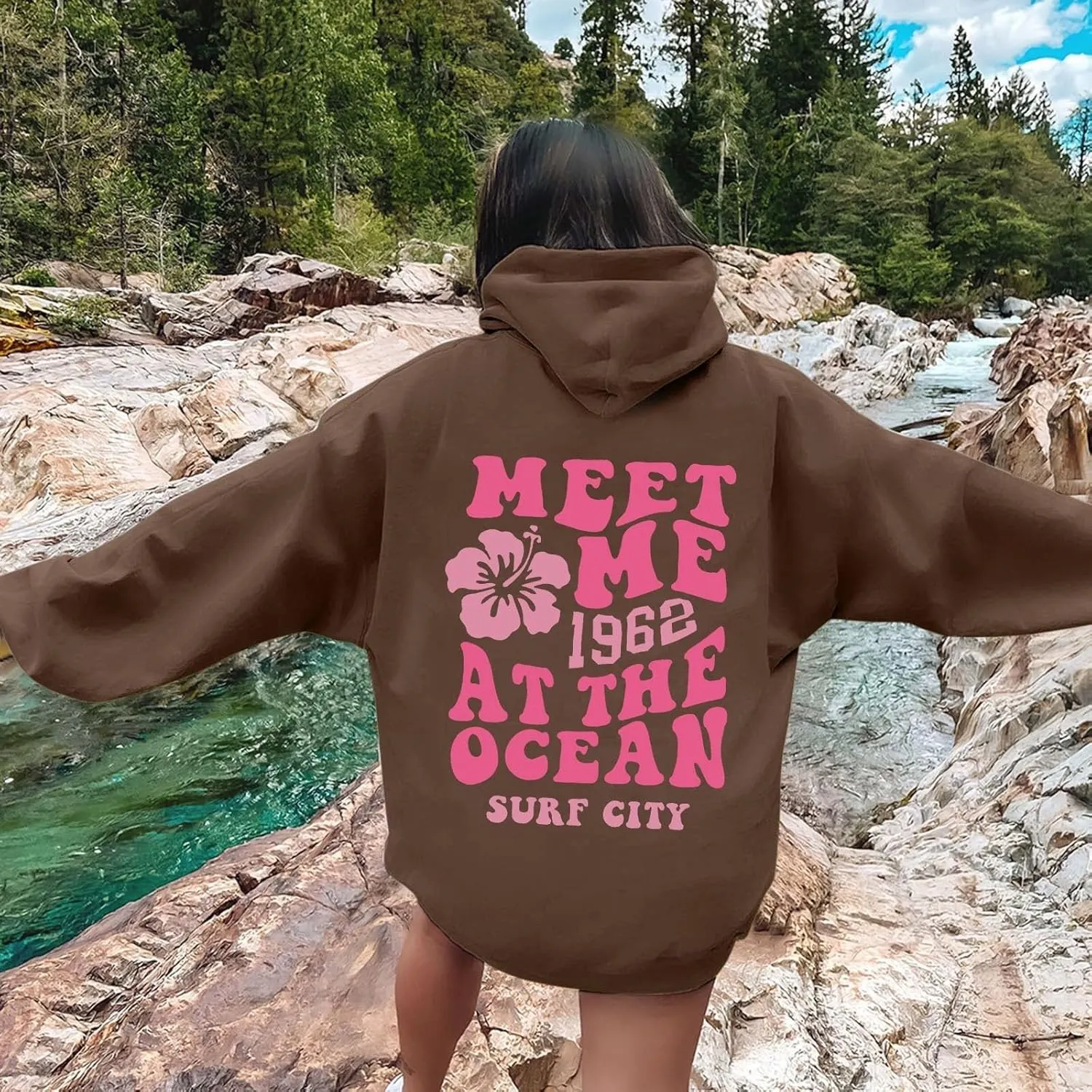 Pink Hoodies for Women Oversized Comfort Shirts Pink Palm Puff Hoodie Long Sleeve Fall Outfits 2024 Clothes Sweatshirt