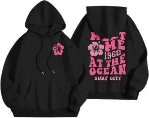 Pink Hoodies for Women Oversized Comfort Shirts Pink Palm Puff Hoodie Long Sleeve Fall Outfits 2024 Clothes Sweatshirt