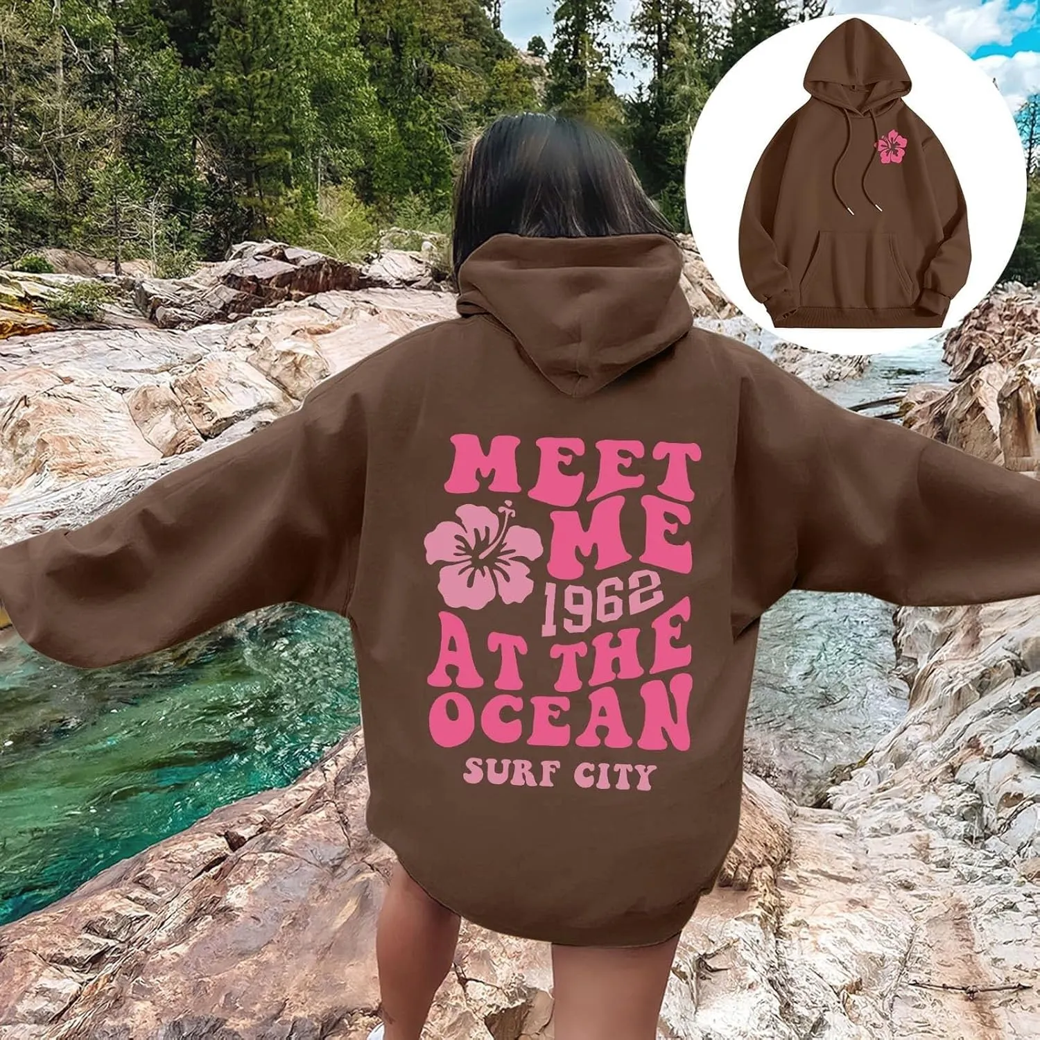 Pink Hoodies for Women Oversized Comfort Shirts Pink Palm Puff Hoodie Long Sleeve Fall Outfits 2024 Clothes Sweatshirt